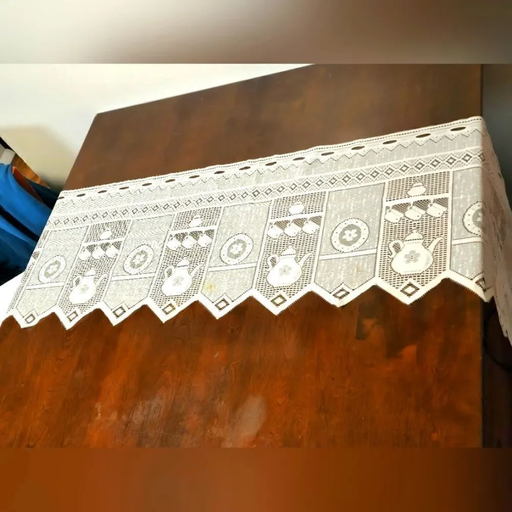 Vintage french jacquard white lace table runner w/coffee pot and cup design